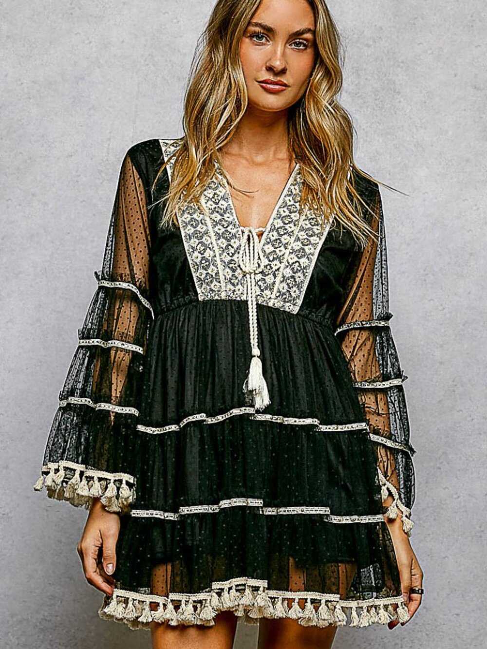 POL Flowy Boho Fringe Black Mini Dress
